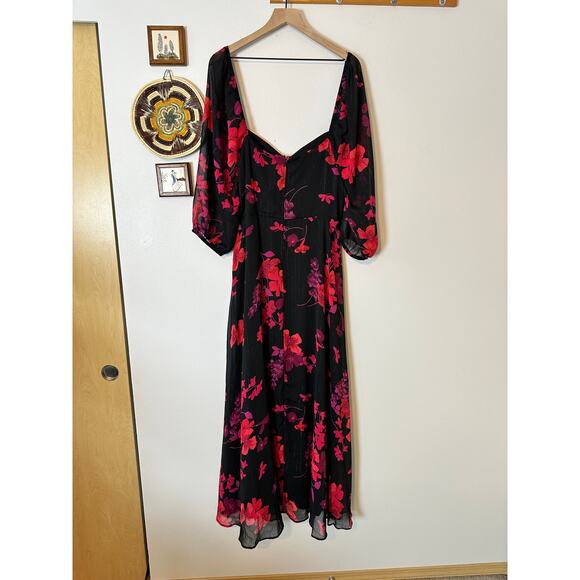 Rebecca B. Women’s Sz 12 3/4 Sheer Sleeve Floral Maxi Dress Black Red Formal - Picture 4 of 10